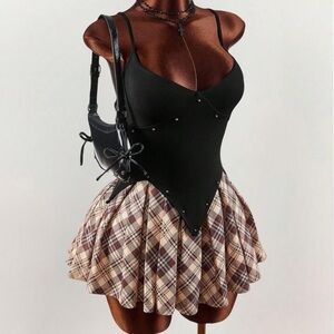Punk Style Rivet Black Plaid Patchwork Dress